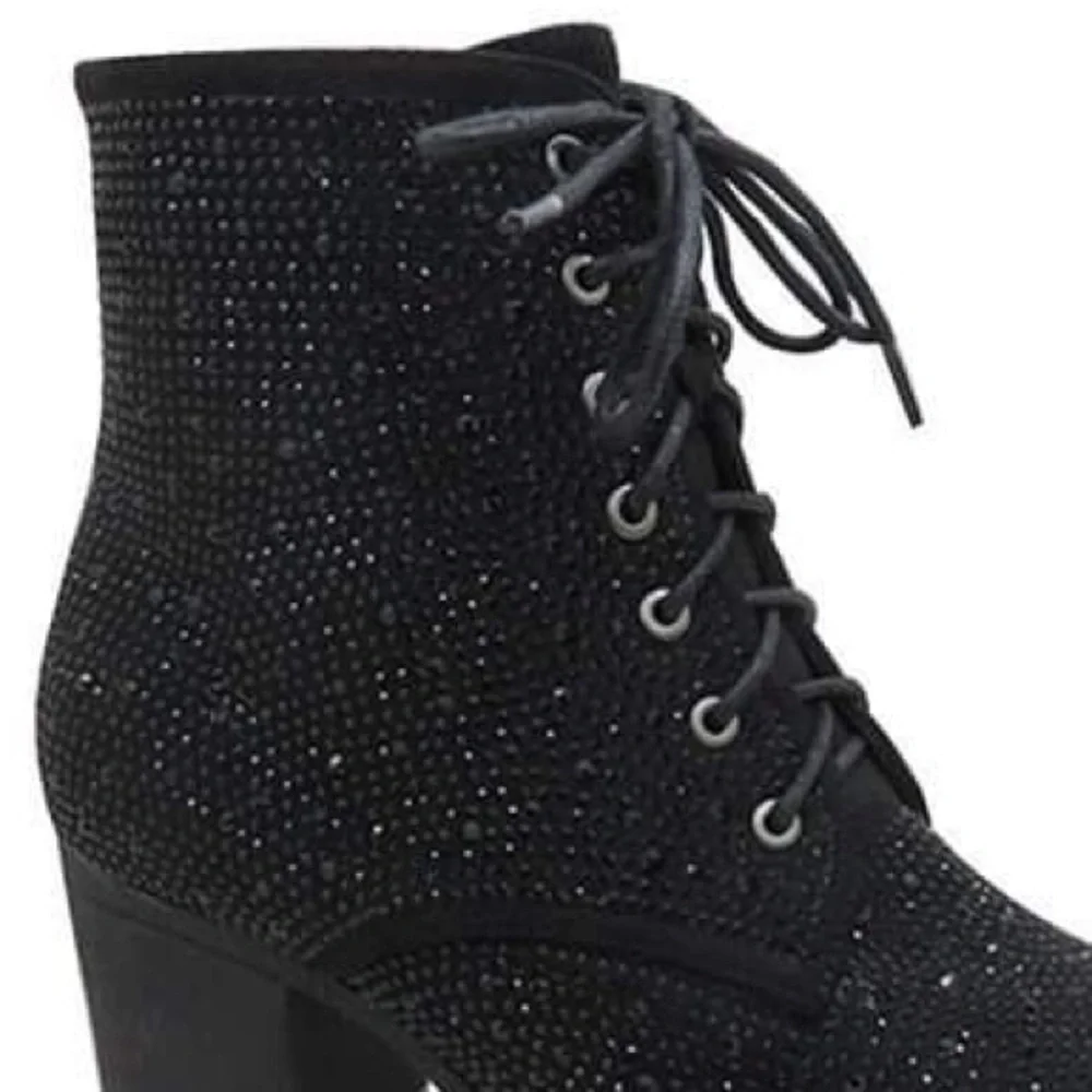SIZE 11 Italina Black‎ Metallic Glitter Rhinestone Embellished Combat Bootie